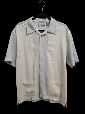 Cubavera Mens Cream & Gray Short Sleeve Guayabera Shirt Embroidered Panels M